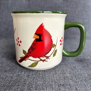 Festive Winter Cardinal + Floral Coffee Mug, Cream, Red, Green, 16 oz